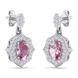 Pink Gemstones 2 1/4 Carat Oval Shape Pink Topaz and Diamond Dangle Earrings In 14 Karat White Gold