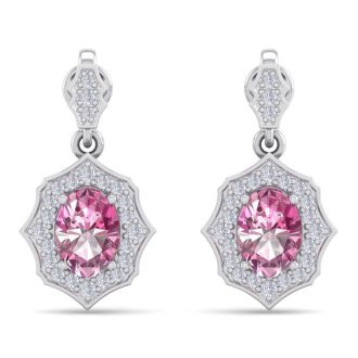 Pink Gemstones 2 1/4 Carat Oval Shape Pink Topaz and Diamond Dangle Earrings In 14 Karat White Gold