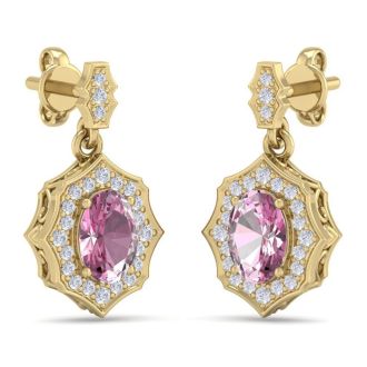 Pink Gemstones 2 1/4 Carat Oval Shape Pink Topaz and Diamond Dangle Earrings In 14 Karat Yellow Gold