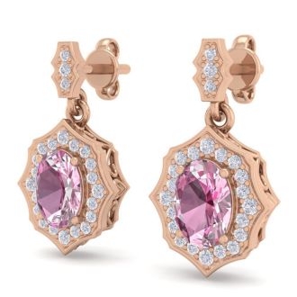 Pink Gemstones 2 1/4 Carat Oval Shape Pink Topaz and Diamond Dangle Earrings In 14 Karat Rose Gold