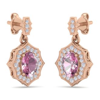 Pink Gemstones 2 1/4 Carat Oval Shape Pink Topaz and Diamond Dangle Earrings In 14 Karat Rose Gold