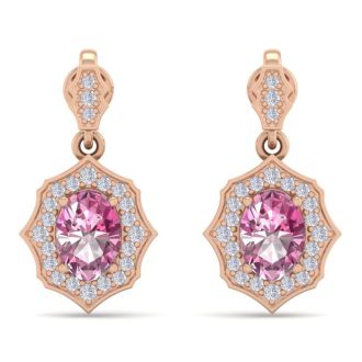 Pink Gemstones 2 1/4 Carat Oval Shape Pink Topaz and Diamond Dangle Earrings In 14 Karat Rose Gold