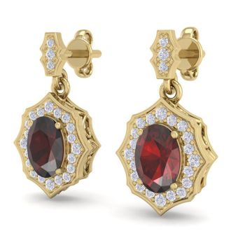 Garnet Earrings: Garnet Jewelry: 2 1/4 Carat Oval Shape Garnet and Diamond Dangle Earrings In 14 Karat Yellow Gold