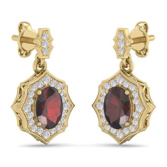 Garnet Earrings: Garnet Jewelry: 2 1/4 Carat Oval Shape Garnet and Diamond Dangle Earrings In 14 Karat Yellow Gold