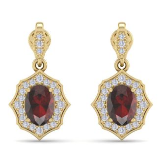 Garnet Earrings: Garnet Jewelry: 2 1/4 Carat Oval Shape Garnet and Diamond Dangle Earrings In 14 Karat Yellow Gold
