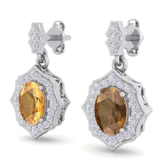 1 3/4 Carat Oval Shape Citrine and Diamond Dangle Earrings In 14 Karat White Gold