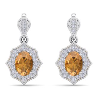 1 3/4 Carat Oval Shape Citrine and Diamond Dangle Earrings In 14 Karat White Gold