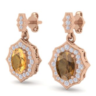 1 3/4 Carat Oval Shape Citrine and Diamond Dangle Earrings In 14 Karat Rose Gold