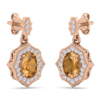 1 3/4 Carat Oval Shape Citrine and Diamond Dangle Earrings In 14 Karat Rose Gold
