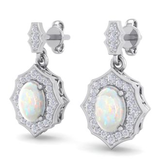 1-3/4 Carat Oval Shape Opal with Diamonds Dangle Earrings In 14 Karat White Gold
