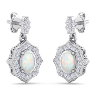 1-3/4 Carat Oval Shape Opal with Diamonds Dangle Earrings In 14 Karat White Gold
