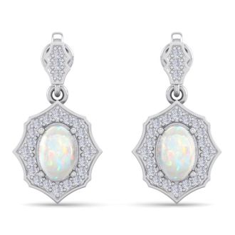 1-3/4 Carat Oval Shape Opal with Diamonds Dangle Earrings In 14 Karat White Gold