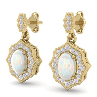1-3/4 Carat Oval Shape Opal with Diamonds Dangle Earrings In 14 Karat Yellow Gold