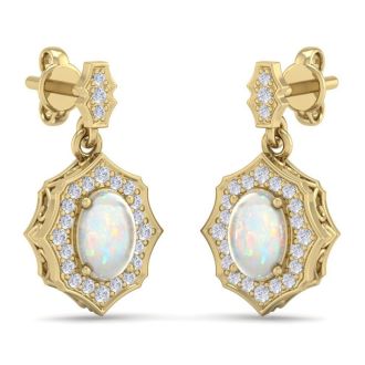 1-3/4 Carat Oval Shape Opal with Diamonds Dangle Earrings In 14 Karat Yellow Gold