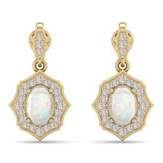 1-3/4 Carat Oval Shape Opal with Diamonds Dangle Earrings In 14 Karat Yellow Gold