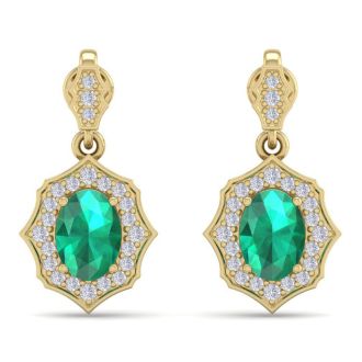 1 3/4 Carat Oval Shape Emerald and Diamond Dangle Earrings In 14 Karat Yellow Gold