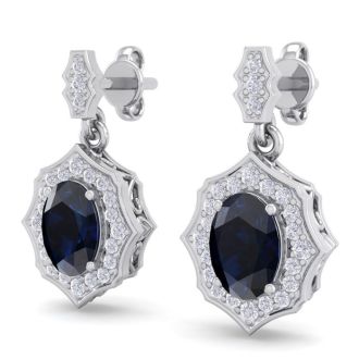 2 1/4 Carat Oval Shape Sapphire and Diamond Dangle Earrings In 14 Karat White Gold