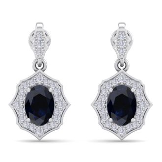 2 1/4 Carat Oval Shape Sapphire and Diamond Dangle Earrings In 14 Karat White Gold
