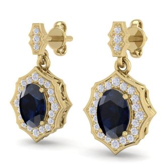 2 1/4 Carat Oval Shape Sapphire and Diamond Dangle Earrings In 14 Karat Yellow Gold