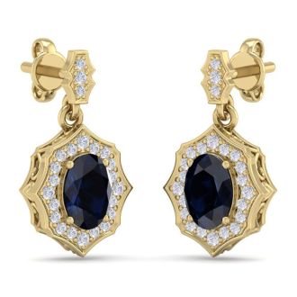 2 1/4 Carat Oval Shape Sapphire and Diamond Dangle Earrings In 14 Karat Yellow Gold