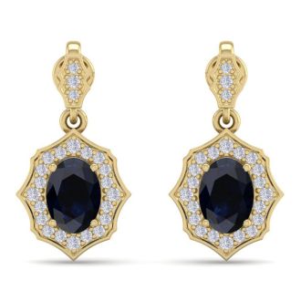 2 1/4 Carat Oval Shape Sapphire and Diamond Dangle Earrings In 14 Karat Yellow Gold