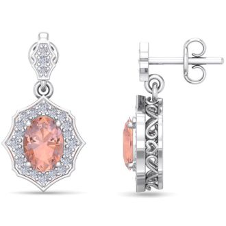 1-3/4 Carat Oval Shape Morganite Earrings and Diamond Halo Dangles In 14 Karat White Gold