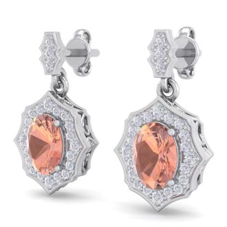 1-3/4 Carat Oval Shape Morganite Earrings and Diamond Halo Dangles In 14 Karat White Gold