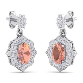 1-3/4 Carat Oval Shape Morganite Earrings and Diamond Halo Dangles In 14 Karat White Gold