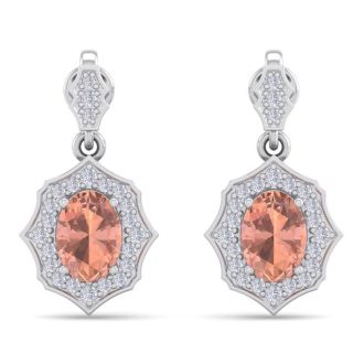 1-3/4 Carat Oval Shape Morganite Earrings and Diamond Halo Dangles In 14 Karat White Gold