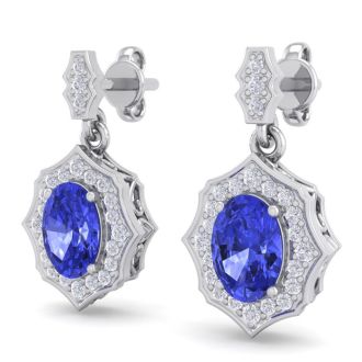 2 1/5 Carat Oval Shape Tanzanite and Diamond Dangle Earrings In 14 Karat White Gold