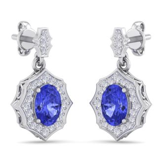 2 1/5 Carat Oval Shape Tanzanite and Diamond Dangle Earrings In 14 Karat White Gold