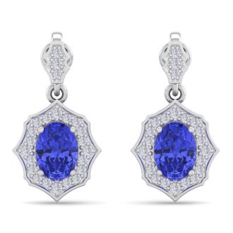 2 1/5 Carat Oval Shape Tanzanite and Diamond Dangle Earrings In 14 Karat White Gold