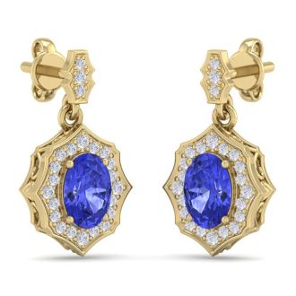 2 1/5 Carat Oval Shape Tanzanite and Diamond Dangle Earrings In 14 Karat Yellow Gold