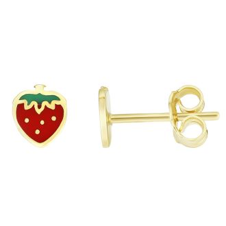 14 Karat Yellow Gold Kids Strawberry Stud Earrings