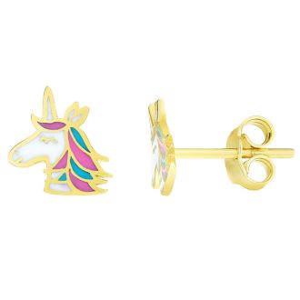 14 Karat Yellow Gold Kids Unicorn Stud Earrings