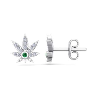 1/4 Carat Diamond and Emerald Weed Leaf Earrings In 14K White Gold