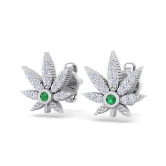 1/4 Carat Diamond and Emerald Weed Leaf Earrings In 14K White Gold