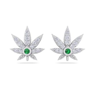 1/4 Carat Diamond and Emerald Weed Leaf Earrings In 14K White Gold