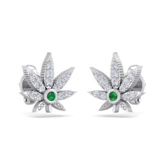 1/4 Carat Diamond and Emerald Weed Leaf Earrings In 14K White Gold