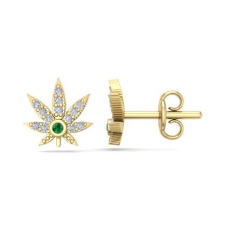 1 4 Carat Natural Diamond and Emerald Weed Leaf Earrings In 14K Yellow Gold