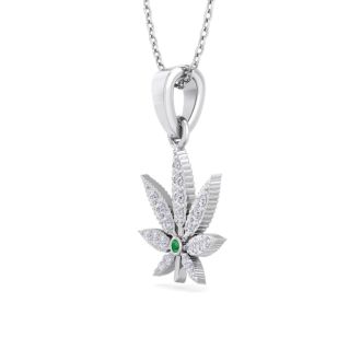 1/4 Carat Diamond and Emerald Weed Leaf Necklace In 14K White Gold