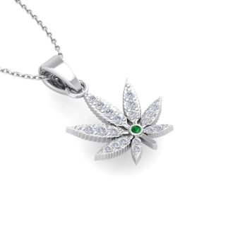 1/4 Carat Diamond and Emerald Weed Leaf Necklace In 14K White Gold