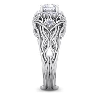 1 1/5 Carat Cushion Cut Halo Diamond Intricate Vine Engagement Ring In 14 Karat White Gold