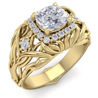 1 1/5 Carat Cushion Cut Halo Diamond Intricate Vine Engagement Ring In 14 Karat Yellow Gold