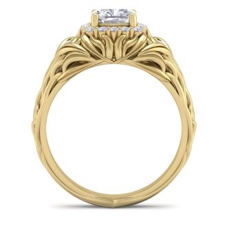 1 1/5 Carat Cushion Cut Halo Diamond Intricate Vine Engagement Ring In 14 Karat Yellow Gold