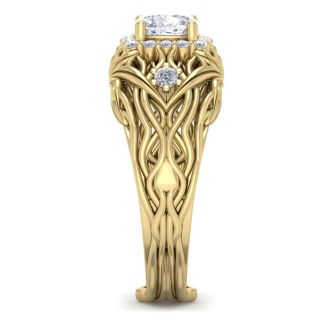 1 1/5 Carat Cushion Cut Halo Diamond Intricate Vine Engagement Ring In 14 Karat Yellow Gold