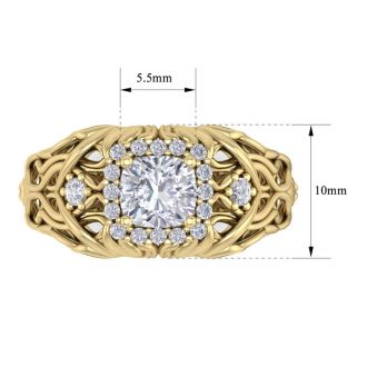 1 1/5 Carat Cushion Cut Halo Diamond Intricate Vine Engagement Ring In 14 Karat Yellow Gold