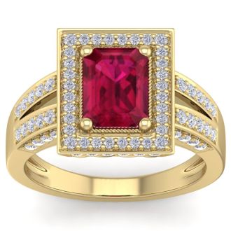 2 3/4 Carat Ruby and Halo Diamond Ring In 14 Karat Yellow Gold