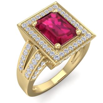 2 3/4 Carat Ruby and Halo Diamond Ring In 14 Karat Yellow Gold