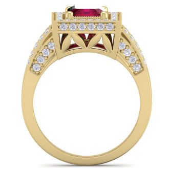 2 3/4 Carat Ruby and Halo Diamond Ring In 14 Karat Yellow Gold